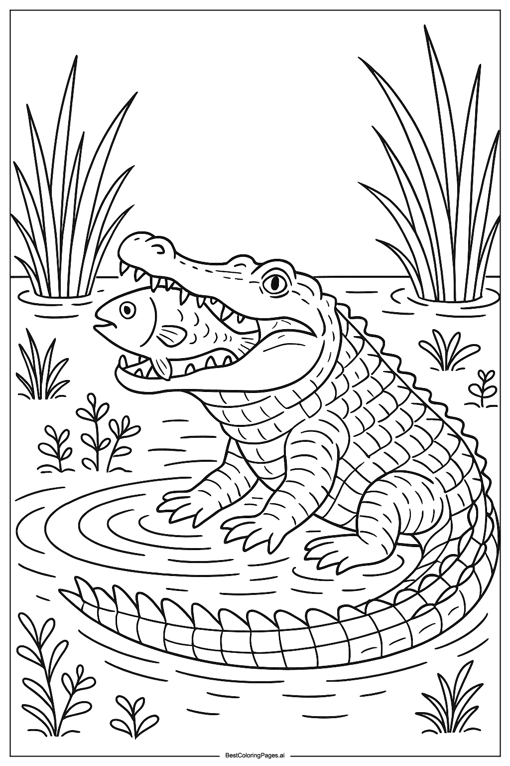 Crocodile eating fish Coloring Page