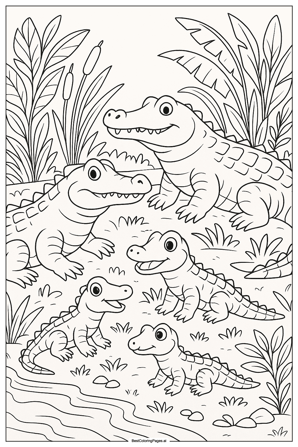 crocodile family on riverbank Coloring Page