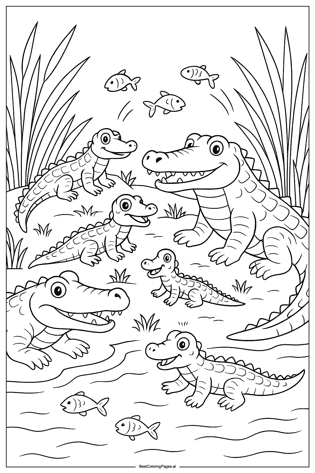 Crocodile family on riverbank Coloring Page