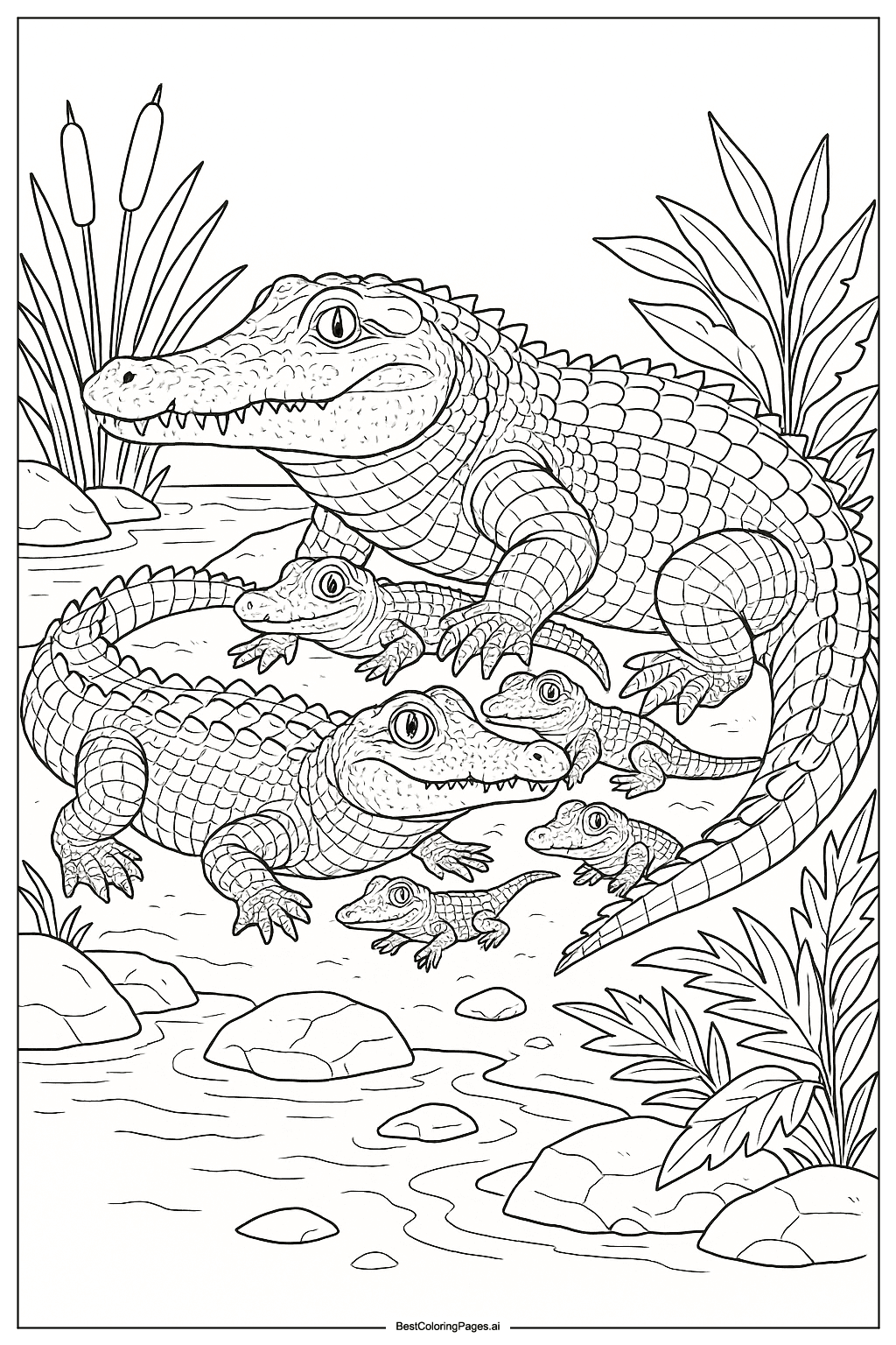 Crocodile family on riverbank Coloring Page