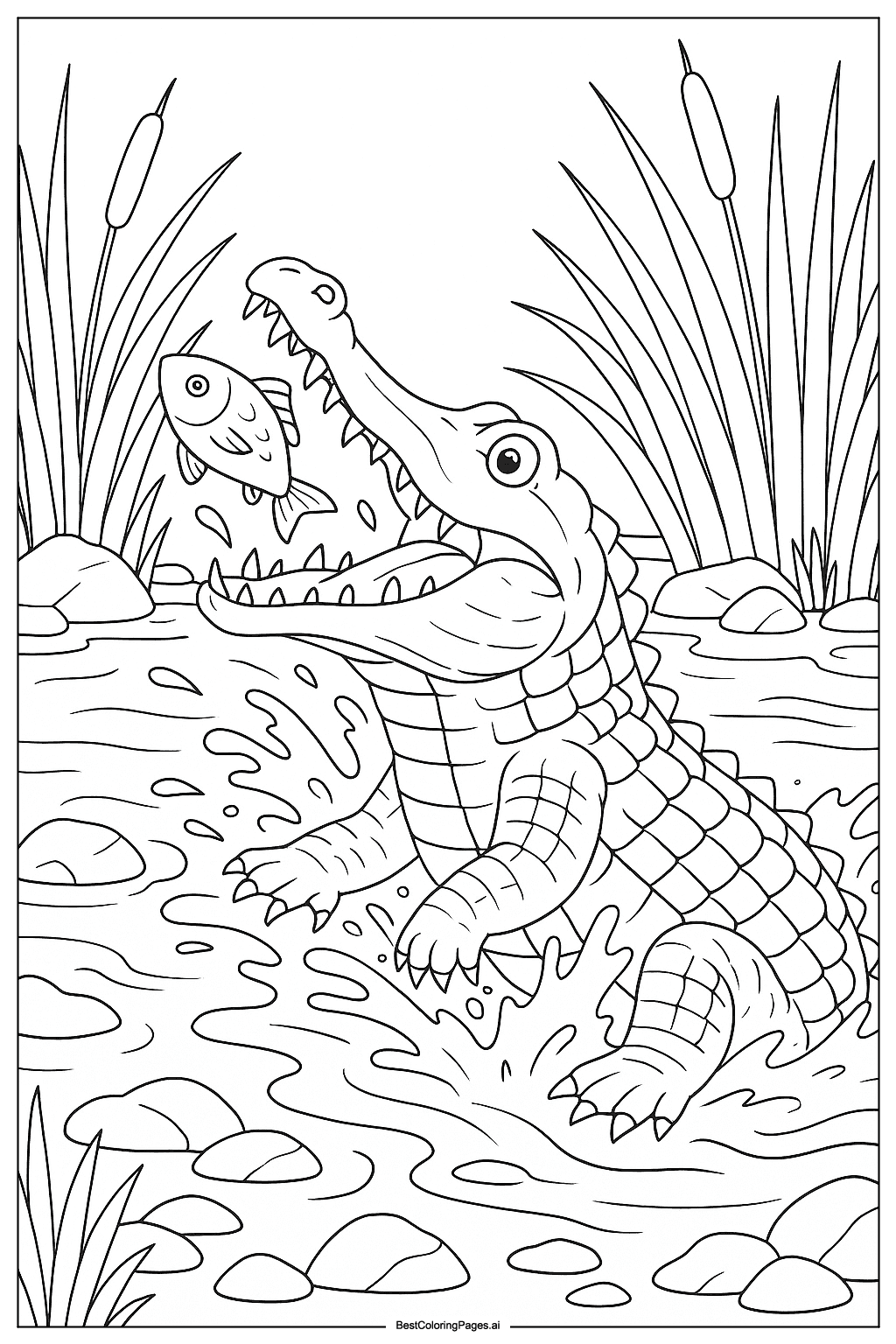 crocodile hunting fish Coloring Page