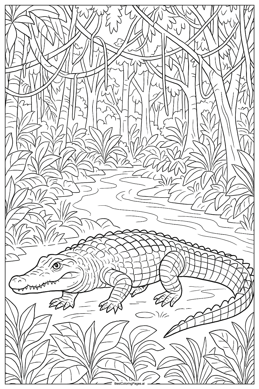 Crocodile in jungle Coloring Page