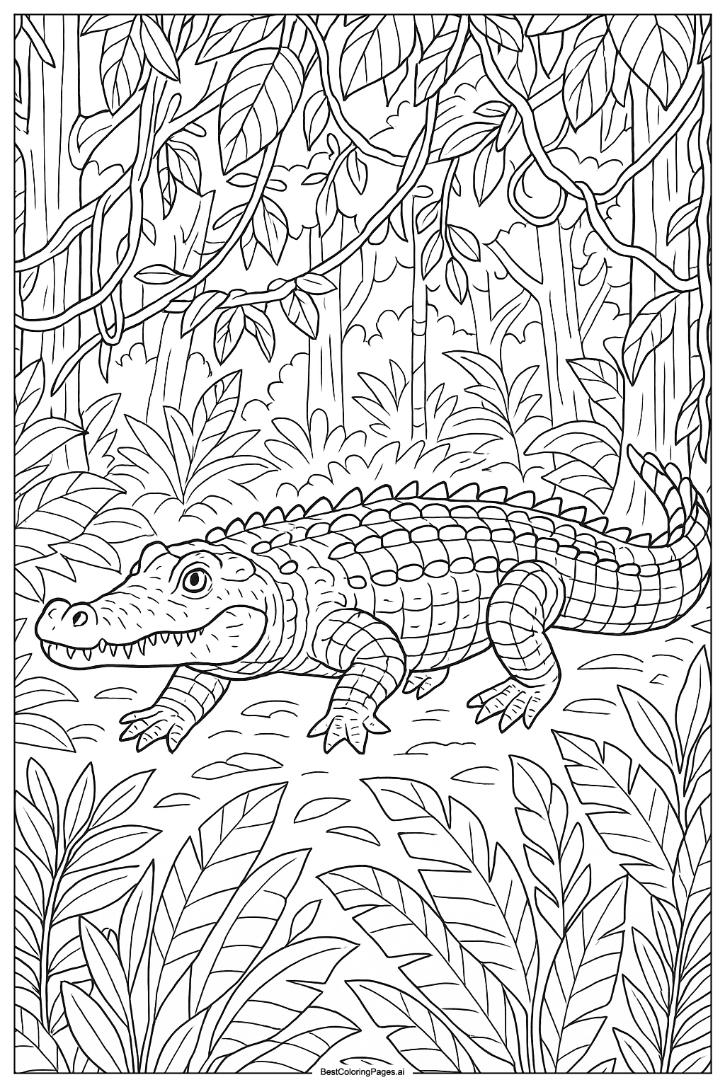 Crocodile in jungle Coloring Page