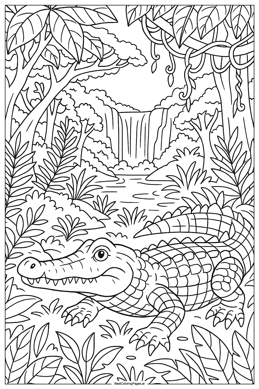 Crocodile in jungle Coloring Page
