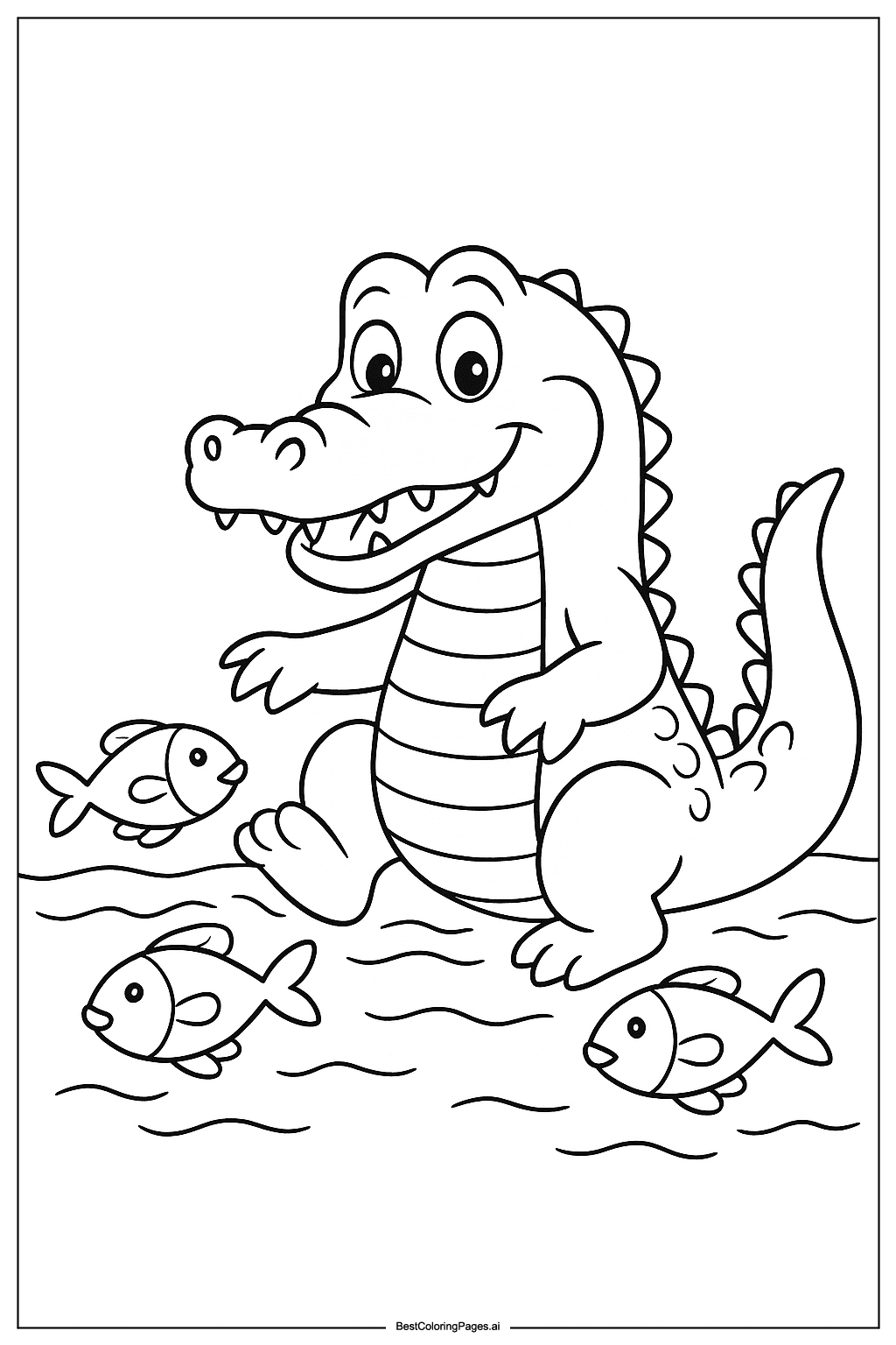 Crocodile playing with fish Coloring Page