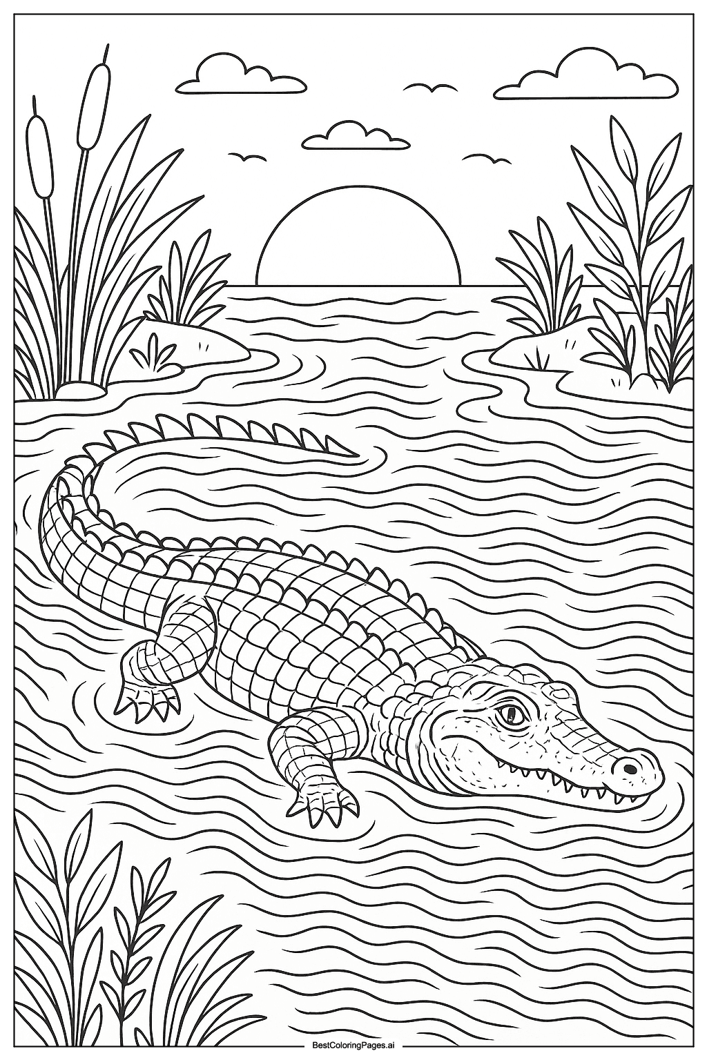 Crocodile swimming at sunset Coloring Page