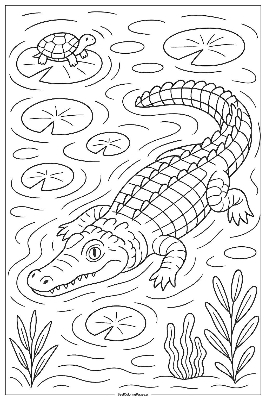 Crocodile swimming with turtle Coloring Page