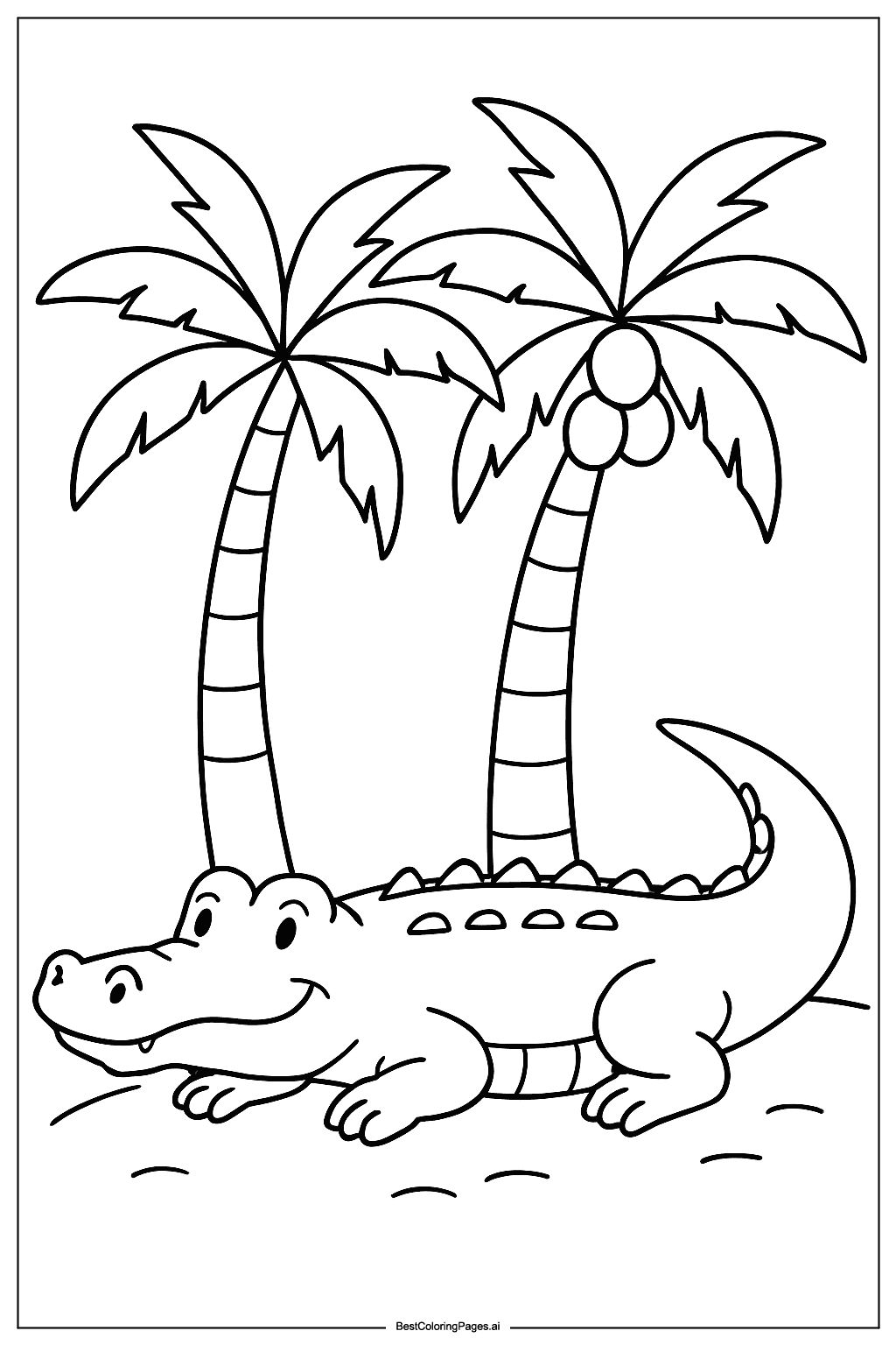 Crocodile under palm trees Coloring Page