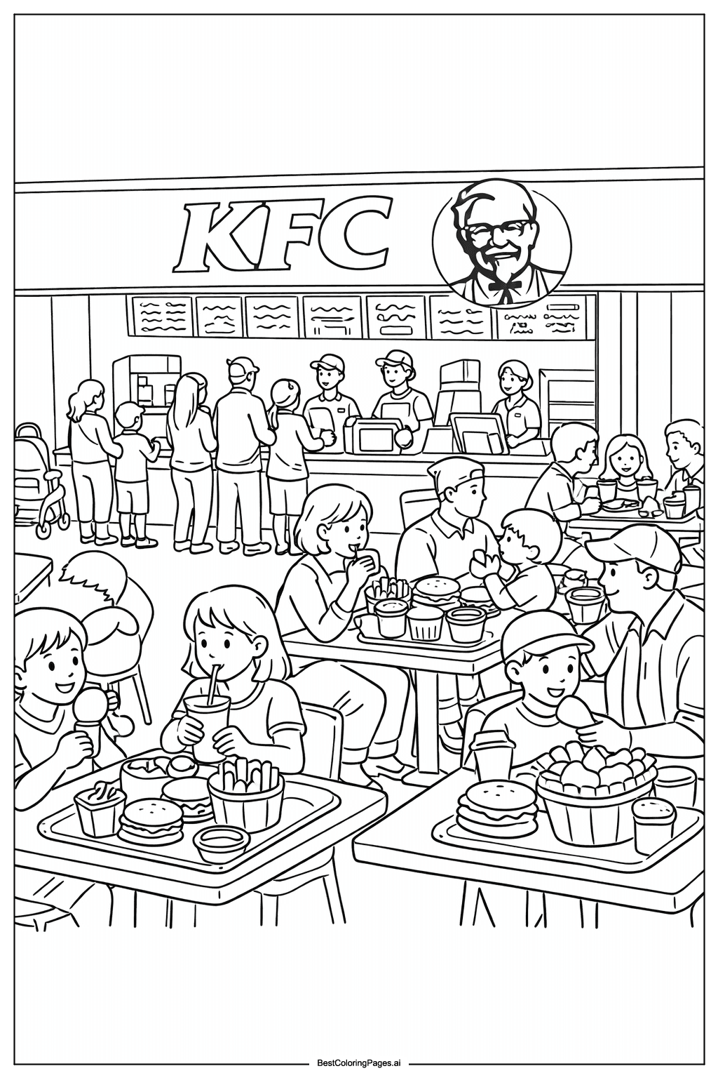 Crowded KFC food court Coloring Page
