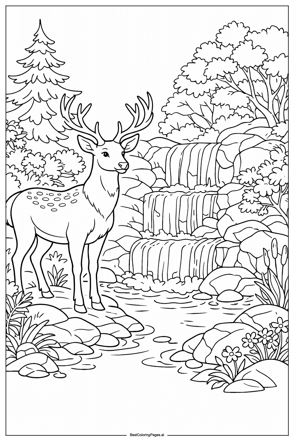 Desenhos de Cervo na Cachoeira para Colorir