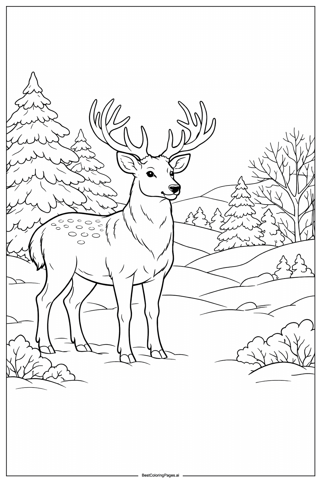 Desenhos de Veado na Paisagem de Inverno para Colorir