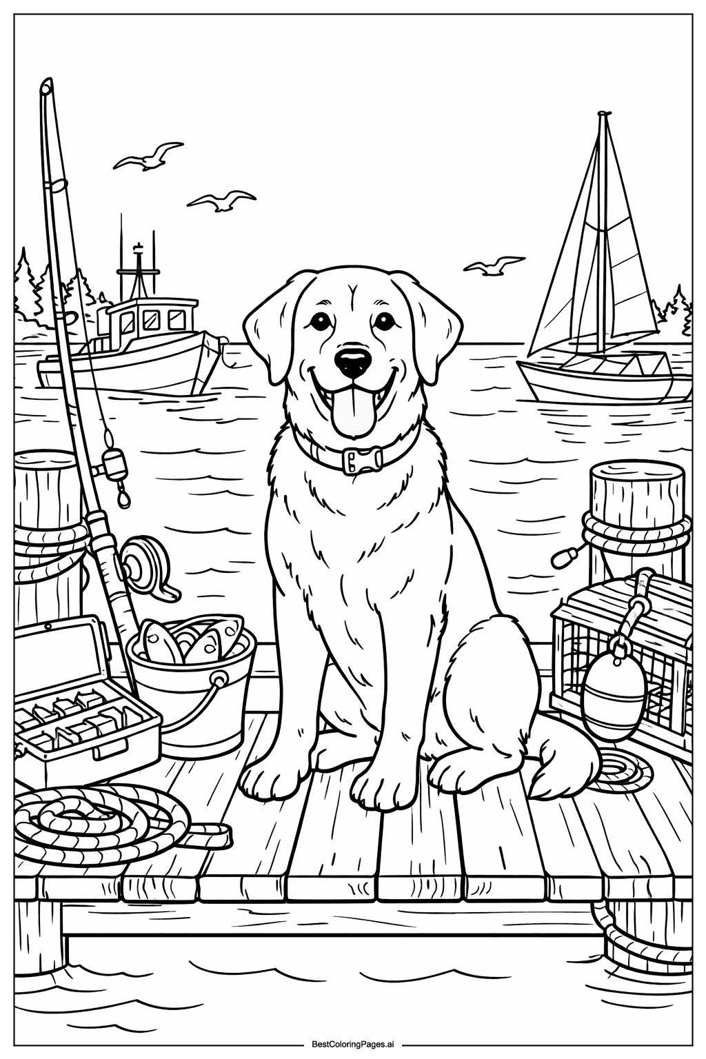 Dog at fishing dock Coloring Page