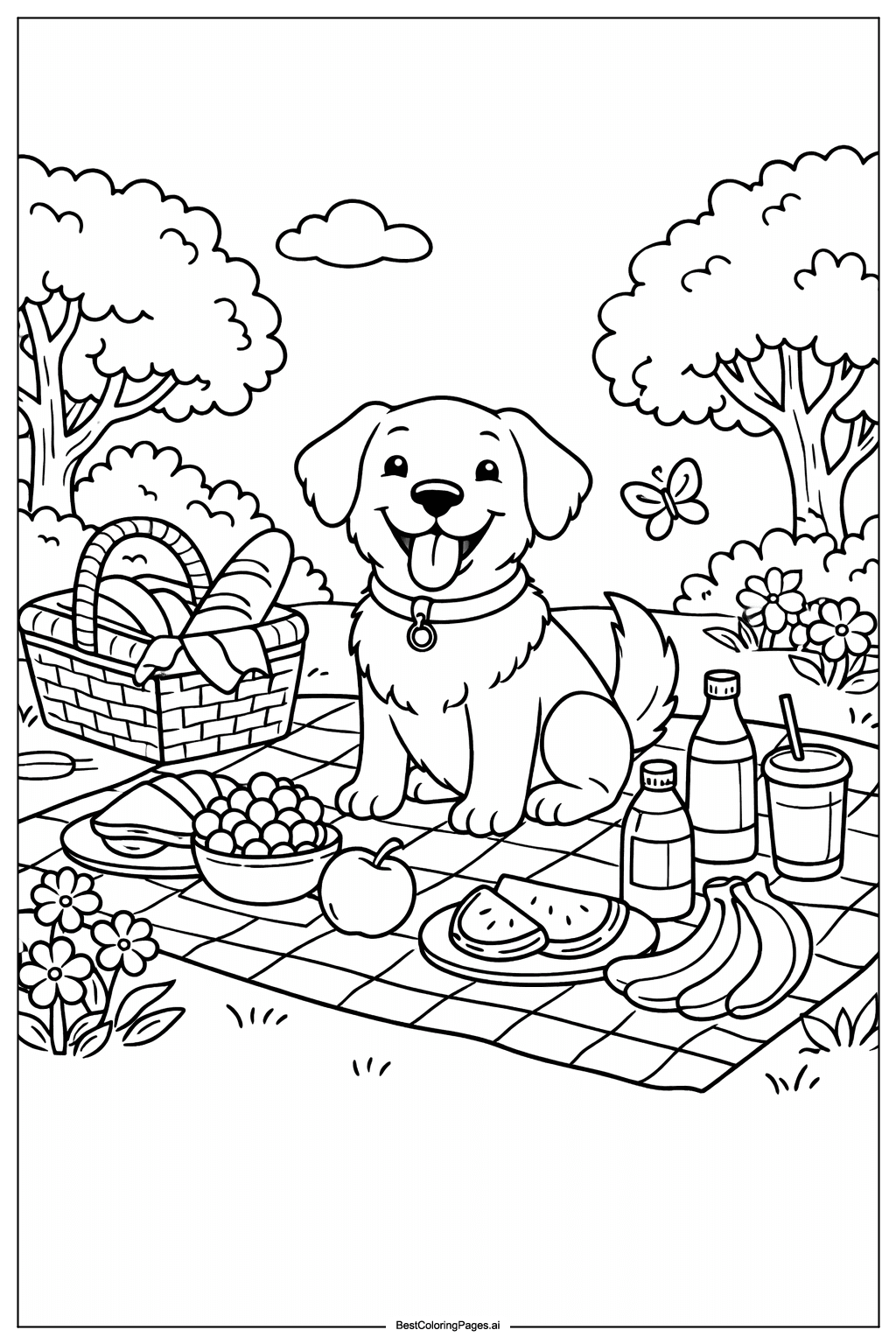 Dog at picnic Coloring Page