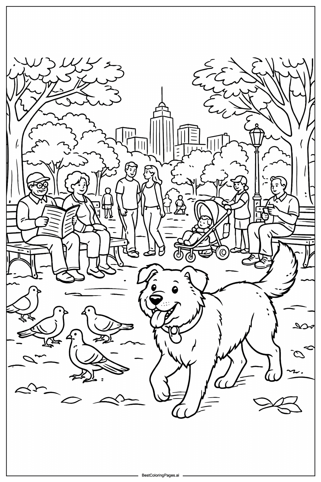 Dog in city park Coloring Page