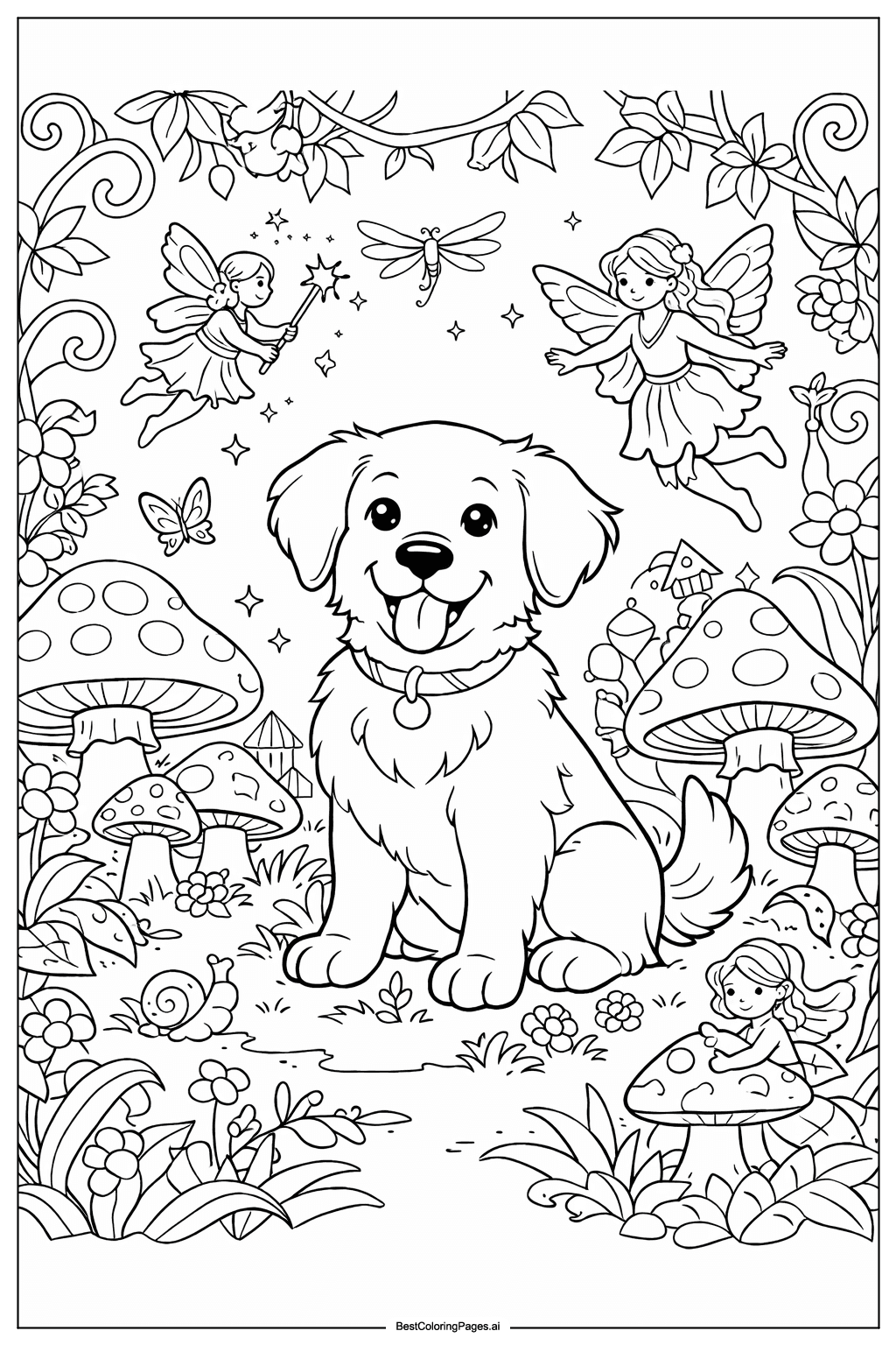 Dog in fairytale forest Coloring Page