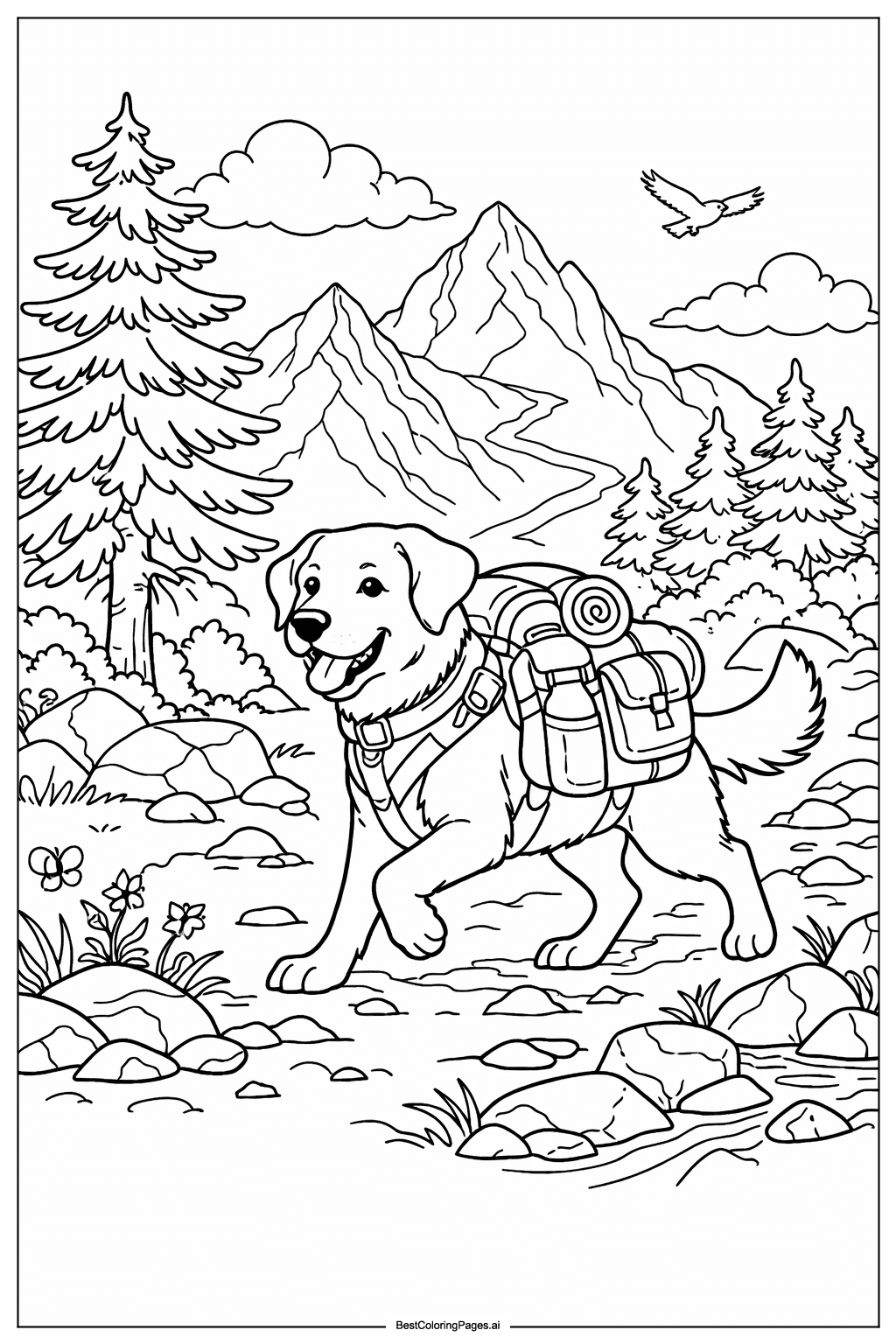 Dog in mountain hike Coloring Page