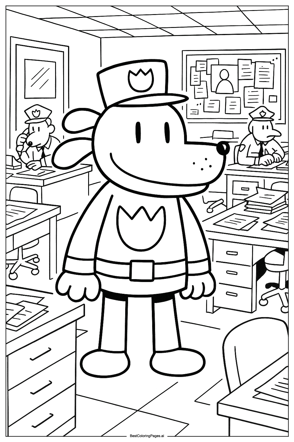 Dog Man at police station Coloring Page