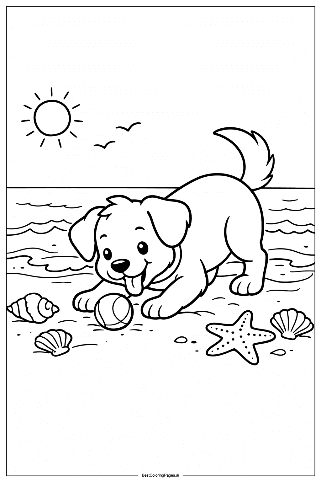 Dog on beach Coloring Page
