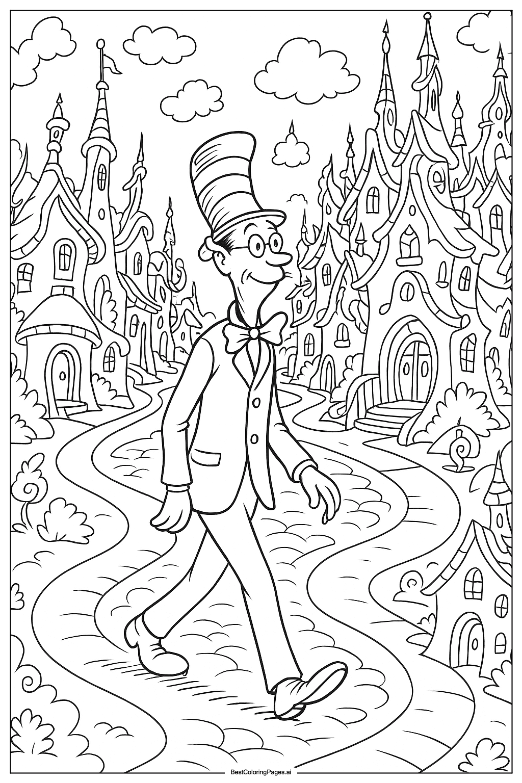 Coloriage Dr Seuss se promène à Chouville