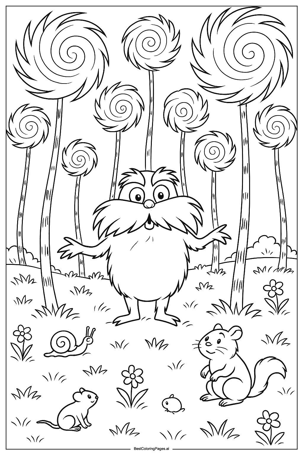 Coloriage Le Lorax du Dr. Seuss dans la forêt de Truffula