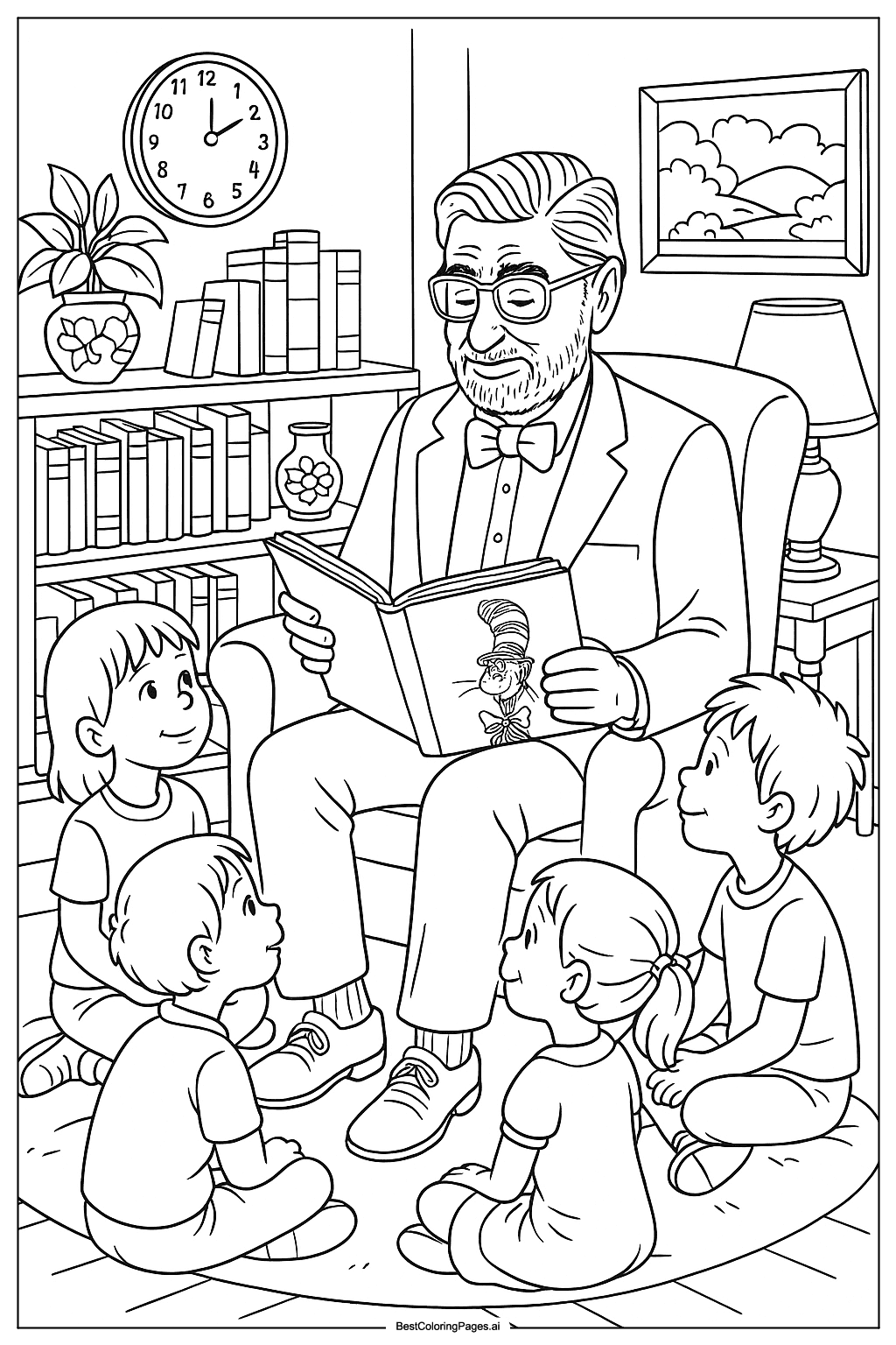 Coloriage Dr. Seuss faisant la lecture aux enfants