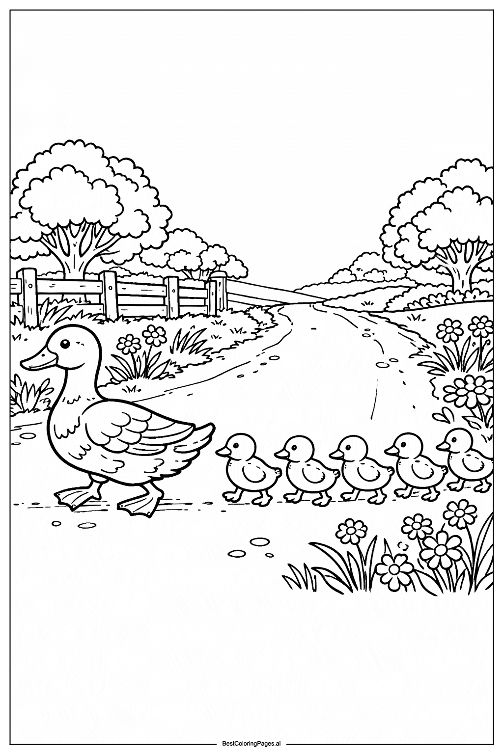 Duck family crossing road Coloring Page