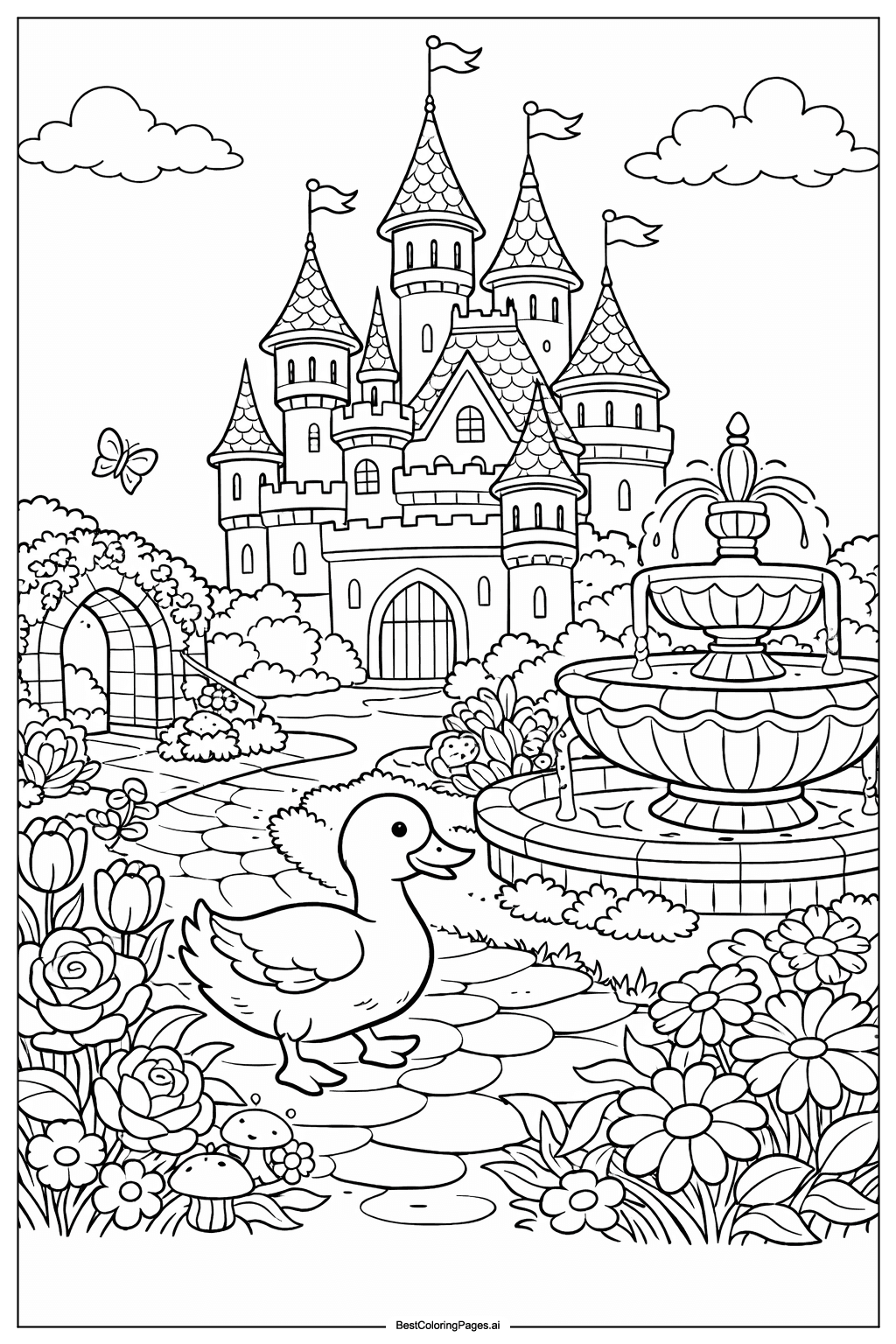 Duck in fairytale castle garden Coloring Page