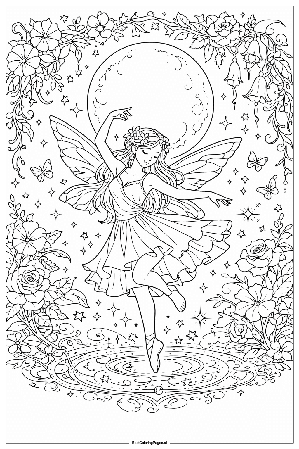 Fairy dancing under moonlight Coloring Page