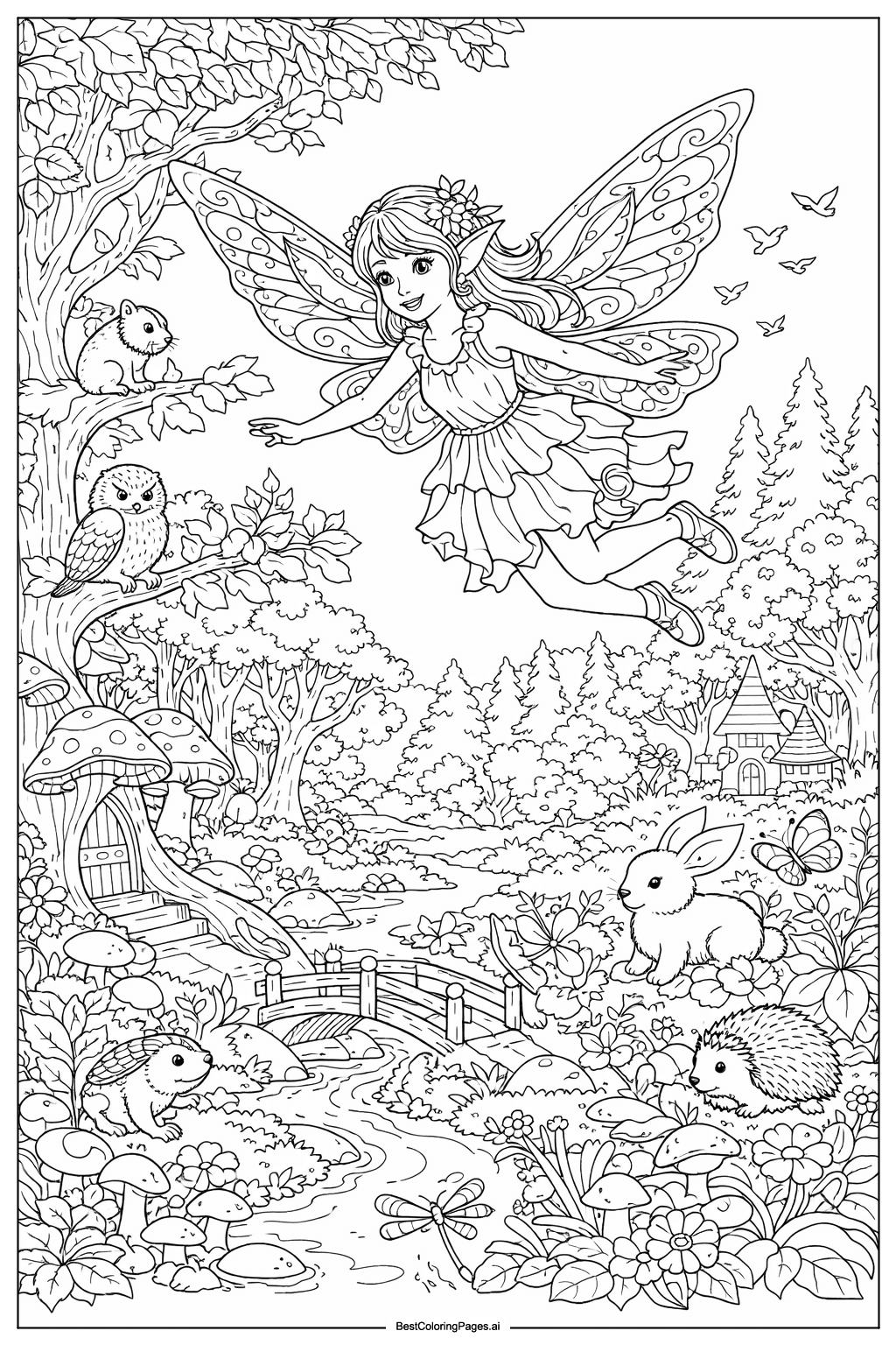 Fairy flying over enchanted forest Coloring Page