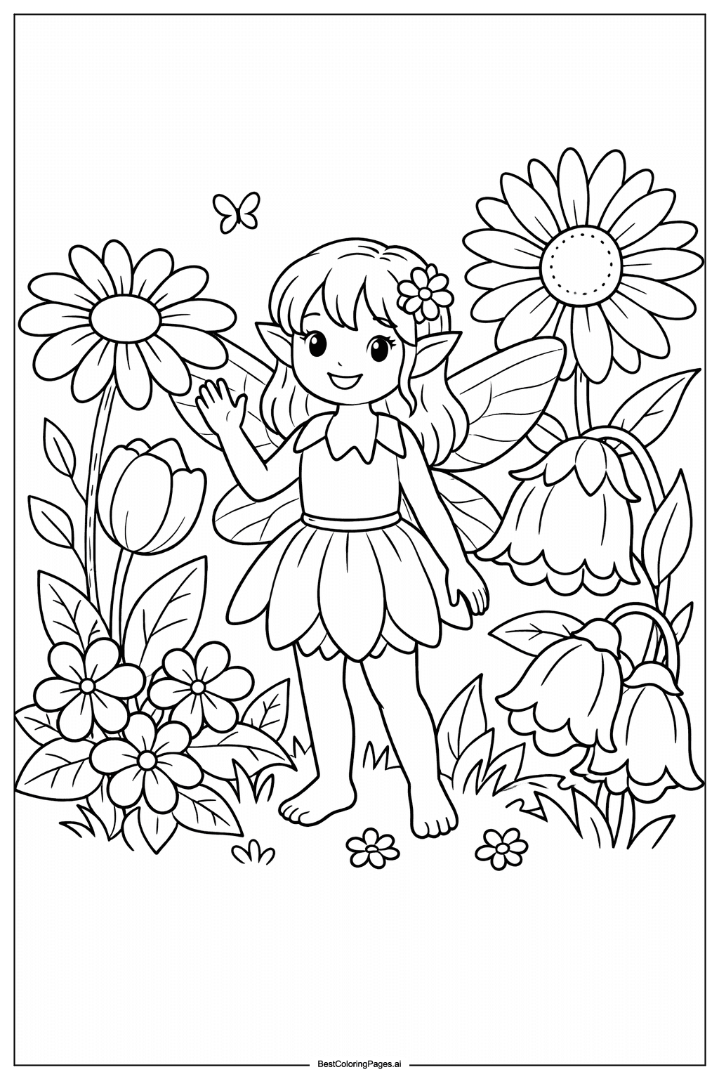 Fairy in flower garden Coloring Page