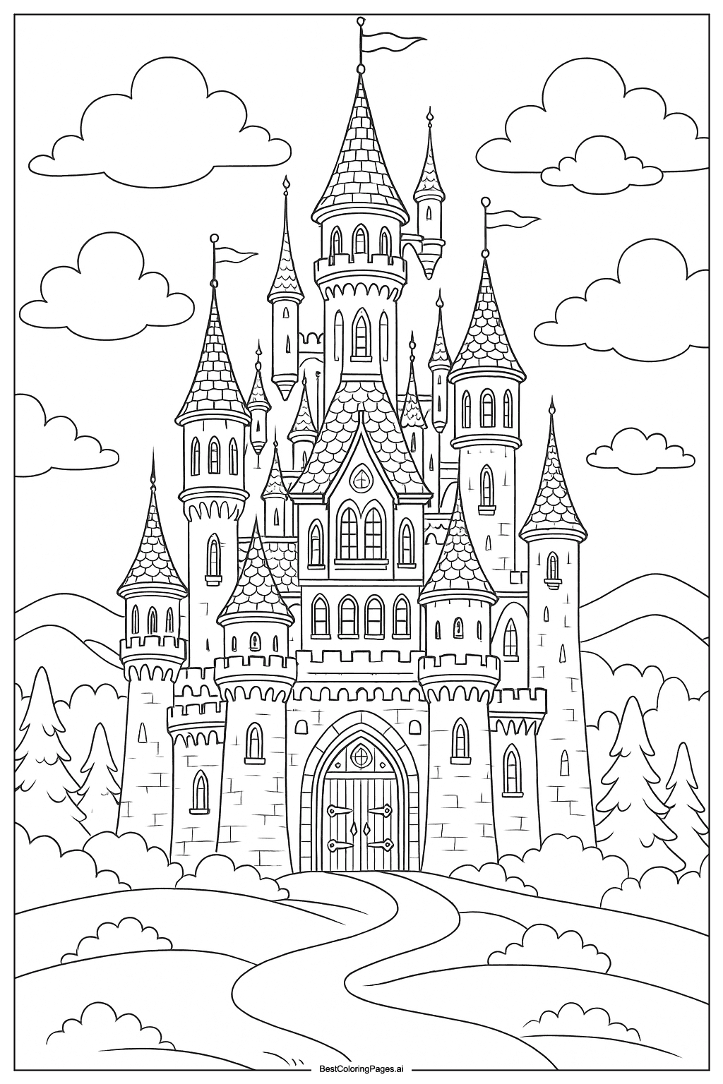 Fairy tale castle at sunset Coloring Page