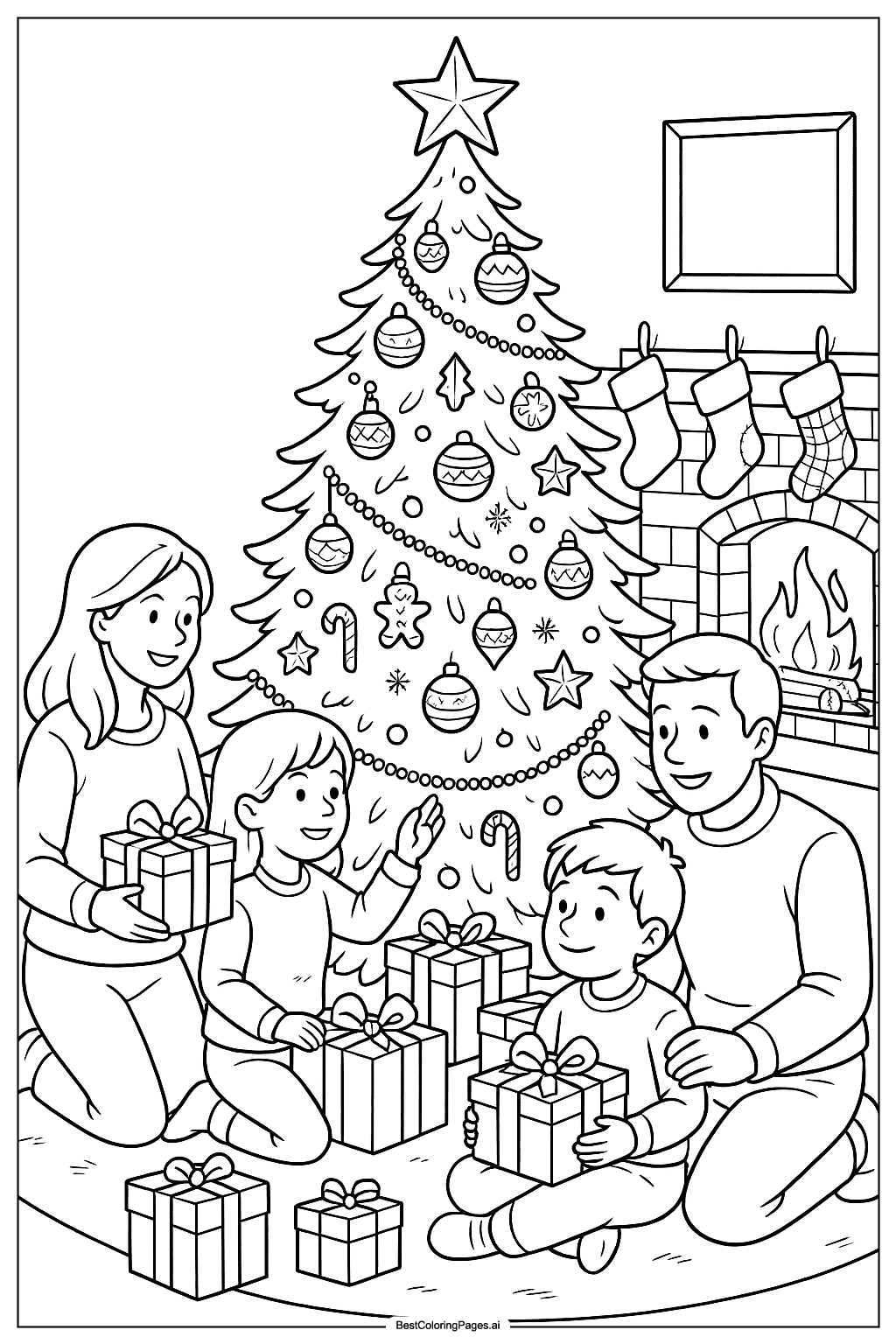 Family around Christmas tree Coloring Page