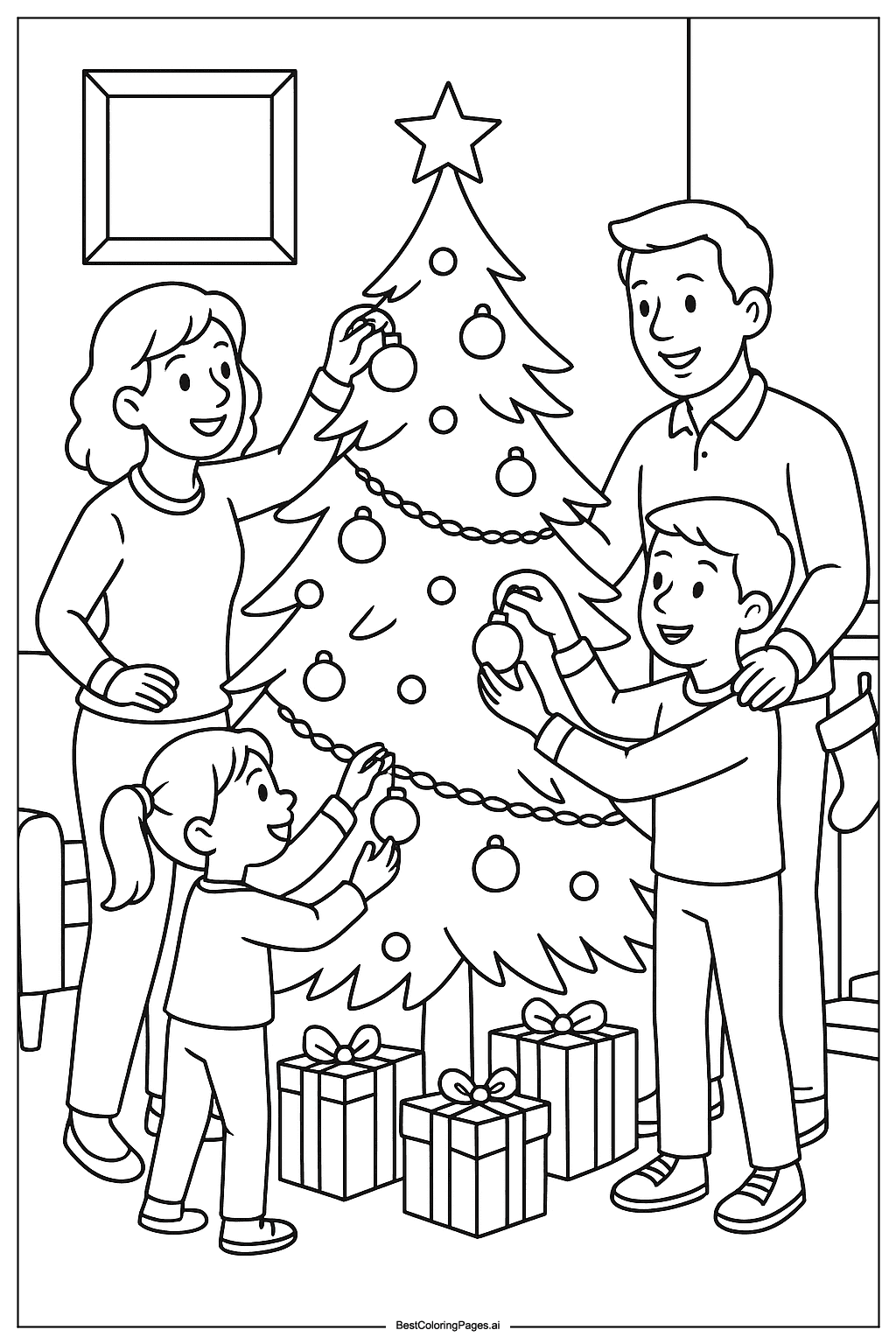 Family decorating Christmas tree Coloring Page