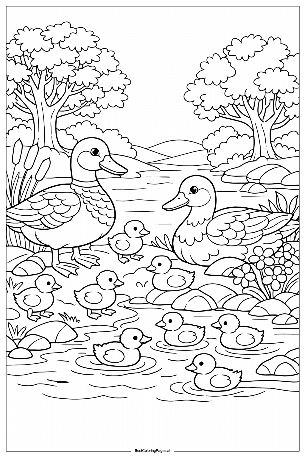 family of ducks by the river Coloring Page