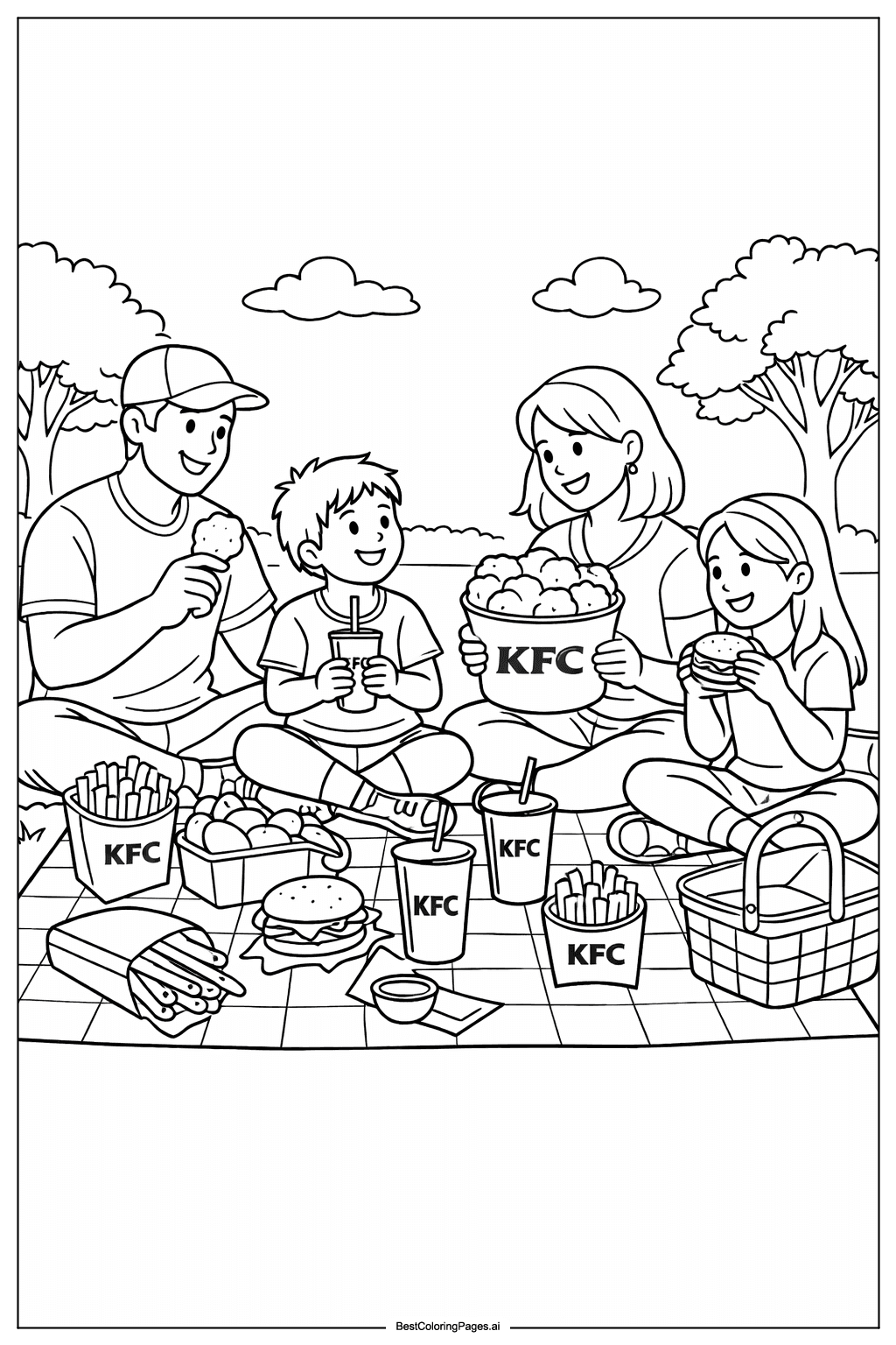 Family picnic with KFC food Coloring Page