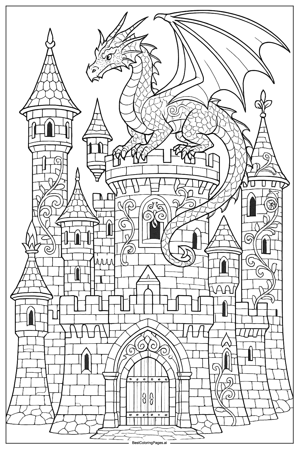 Fantasy dragon guarding castle Coloring Page