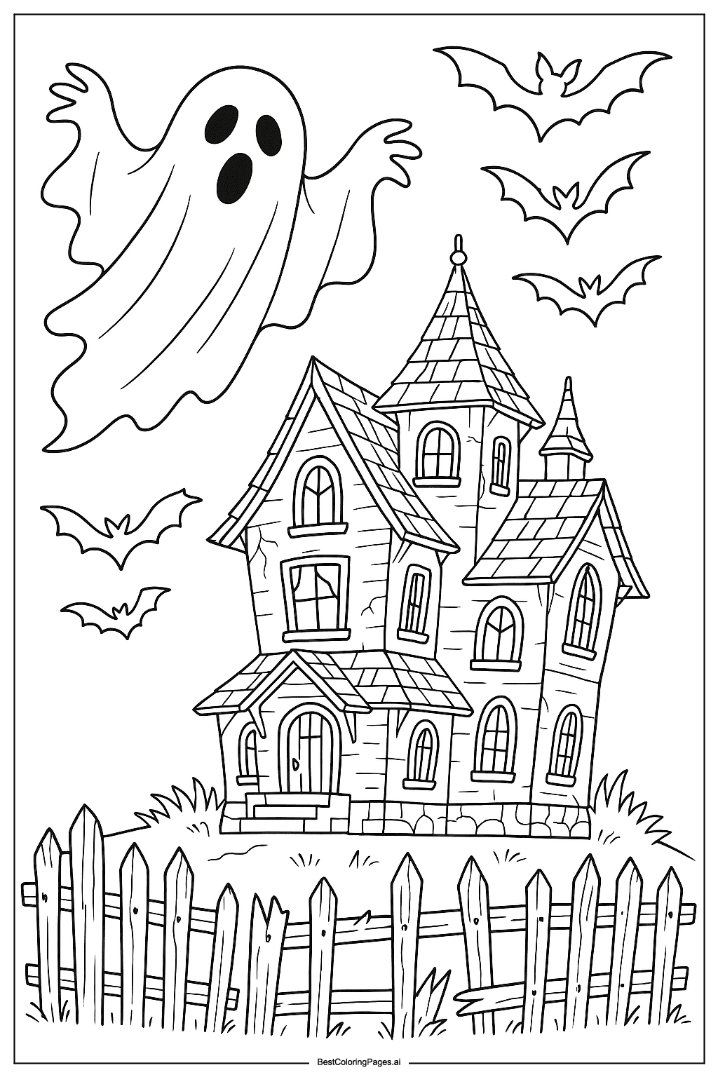 Ghost flying over haunted house Coloring Page