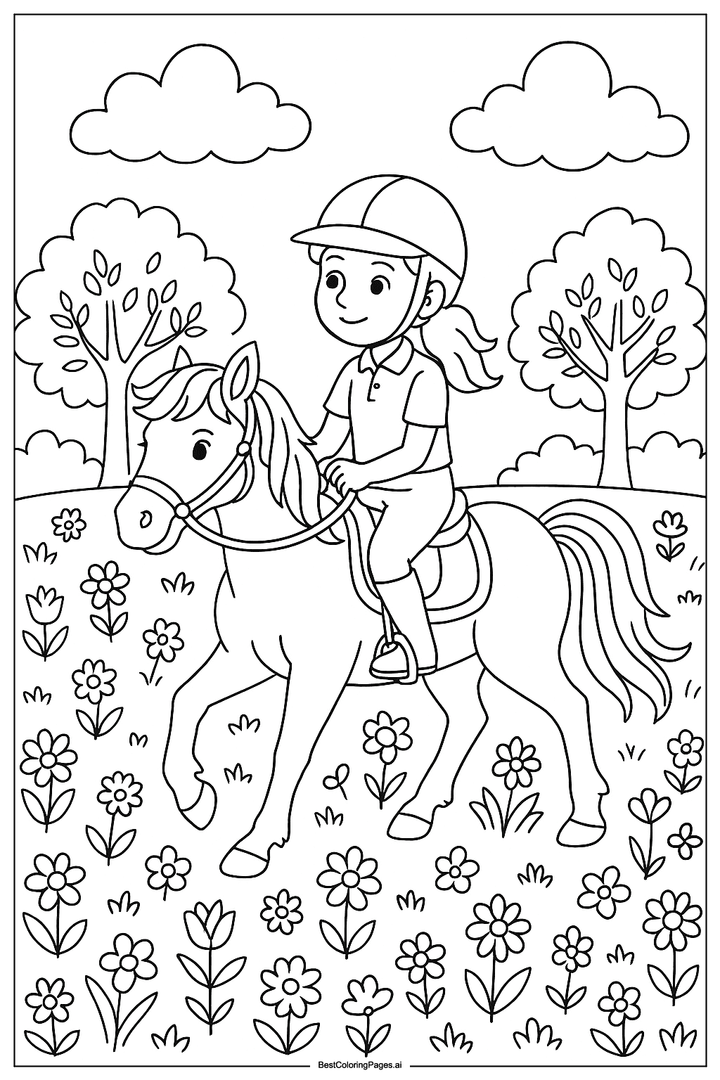 Girl riding horse in meadow Coloring Page