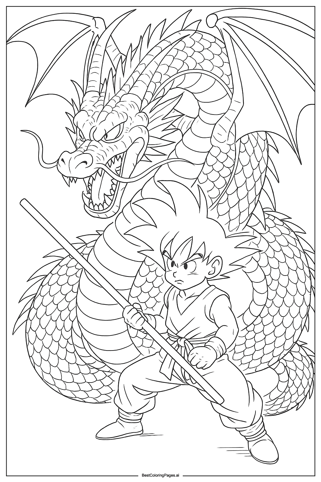 Goku facing a dragon Coloring Page
