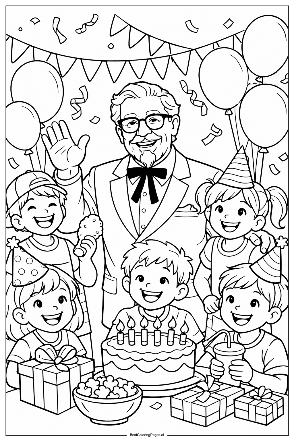 KFC mascot with kids Coloring Page