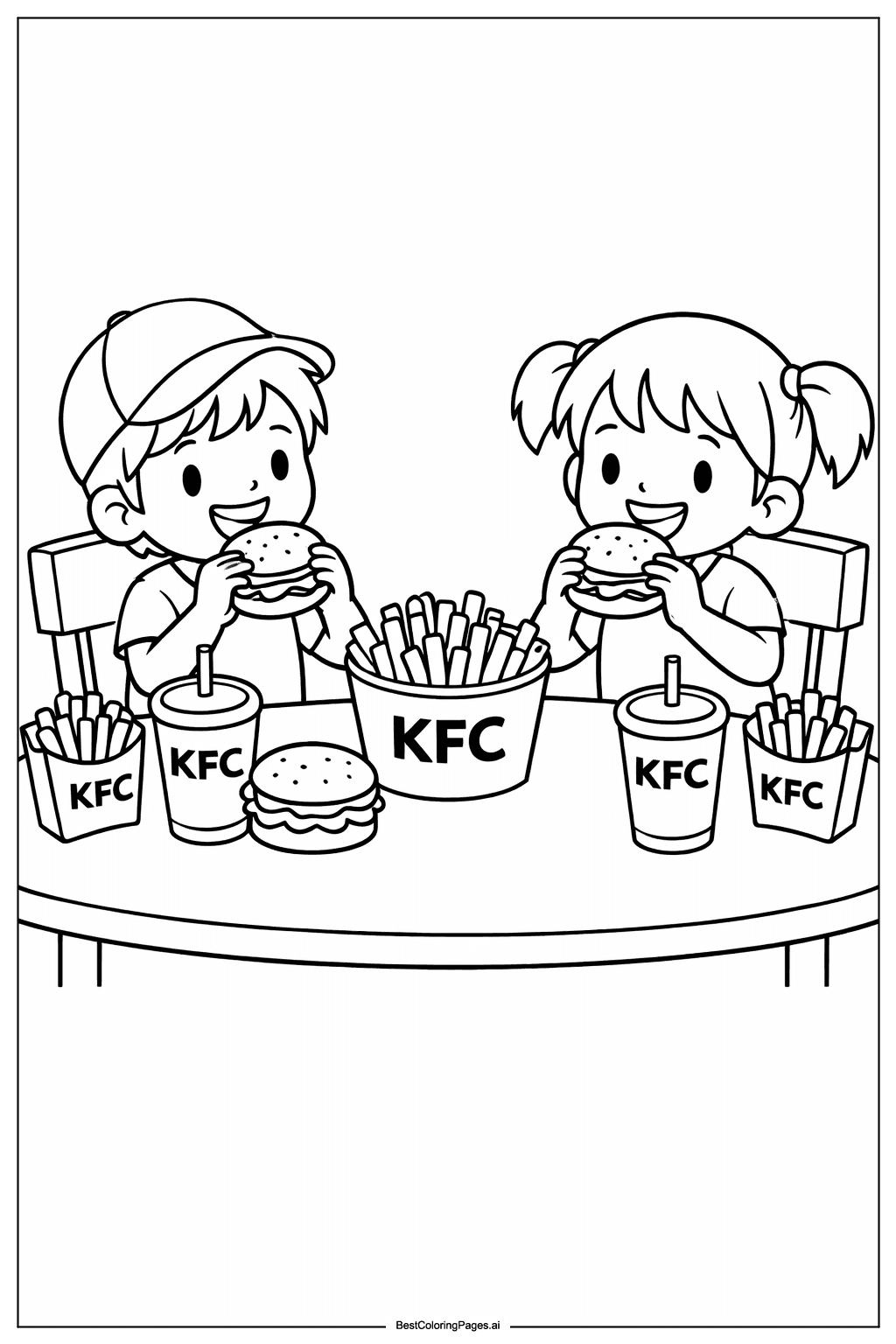 Kids eating KFC meal Coloring Page