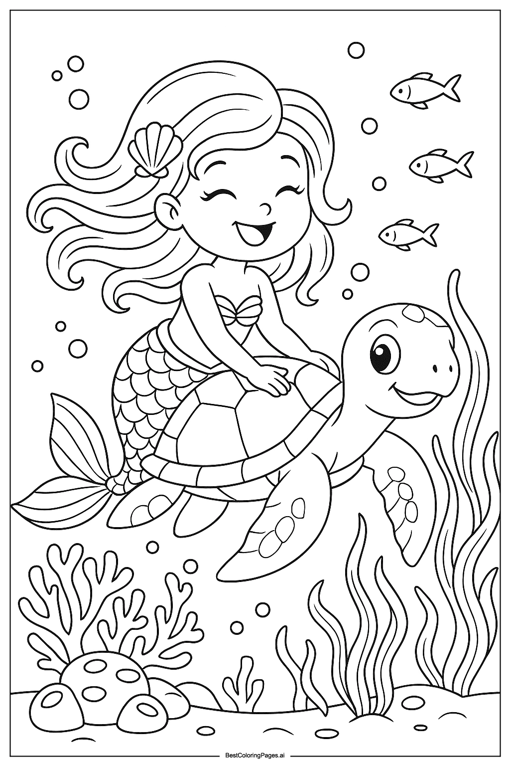 Mermaid riding sea turtle Coloring Page