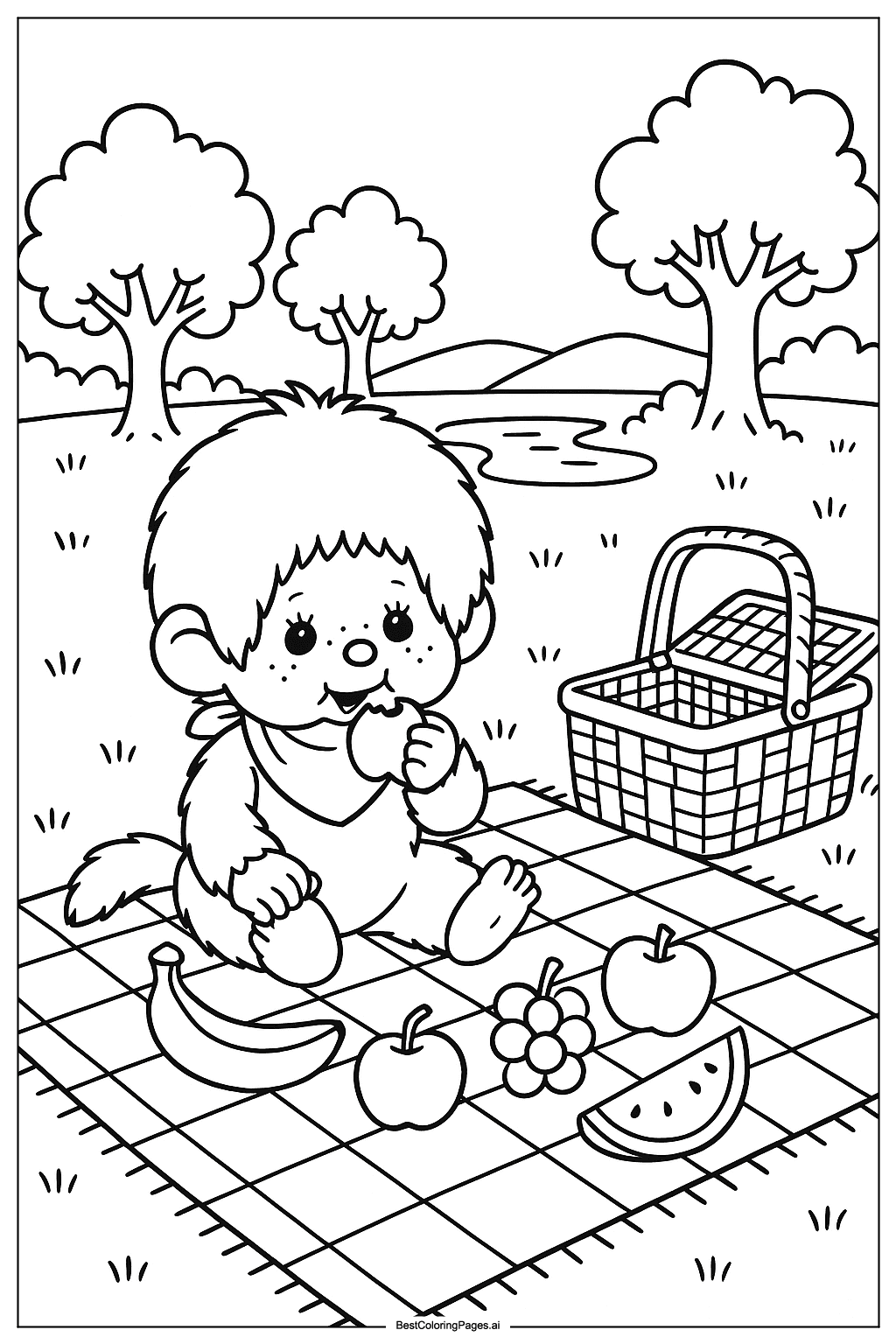 Monchhichi enjoying picnic Coloring Page