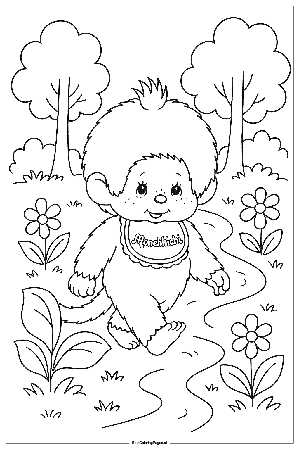 Monchhichi walking in forest Coloring Page