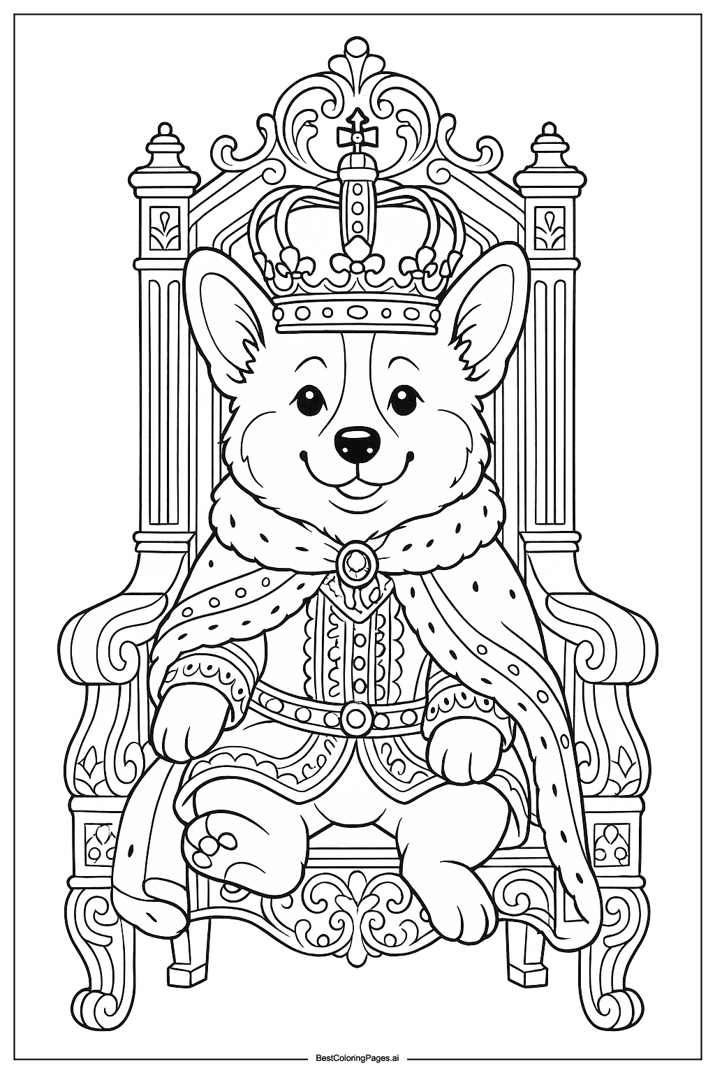 Royal corgi on throne Coloring Page