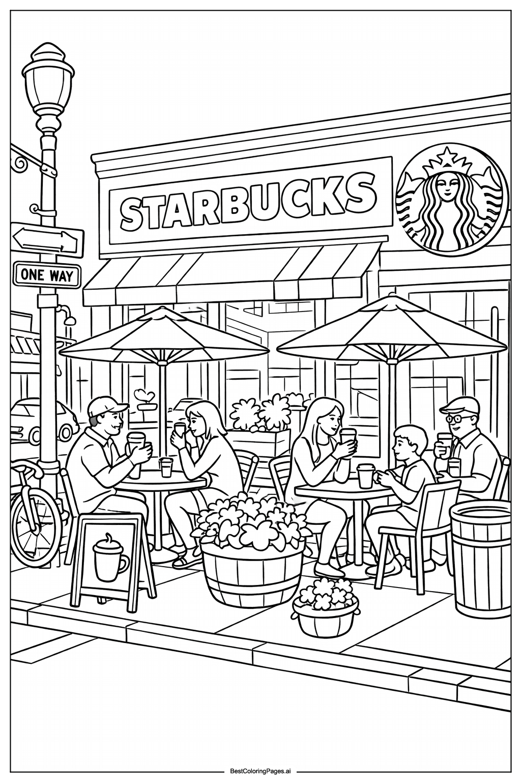 Tranh tô màu Quán cà phê Starbucks bên đường