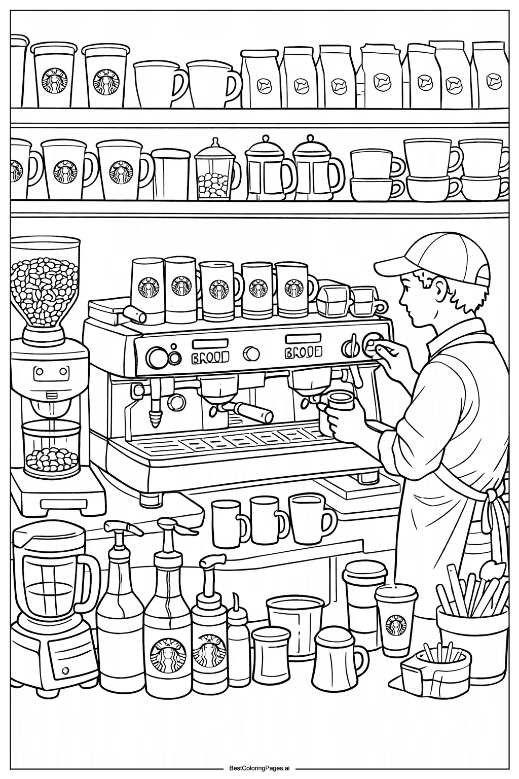 Tranh tô màu Cảnh pha chế cà phê tại Starbucks