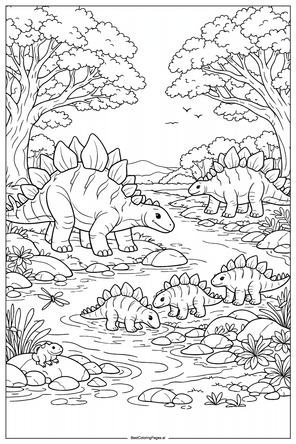 Stegosaurus family by river Coloring Page
