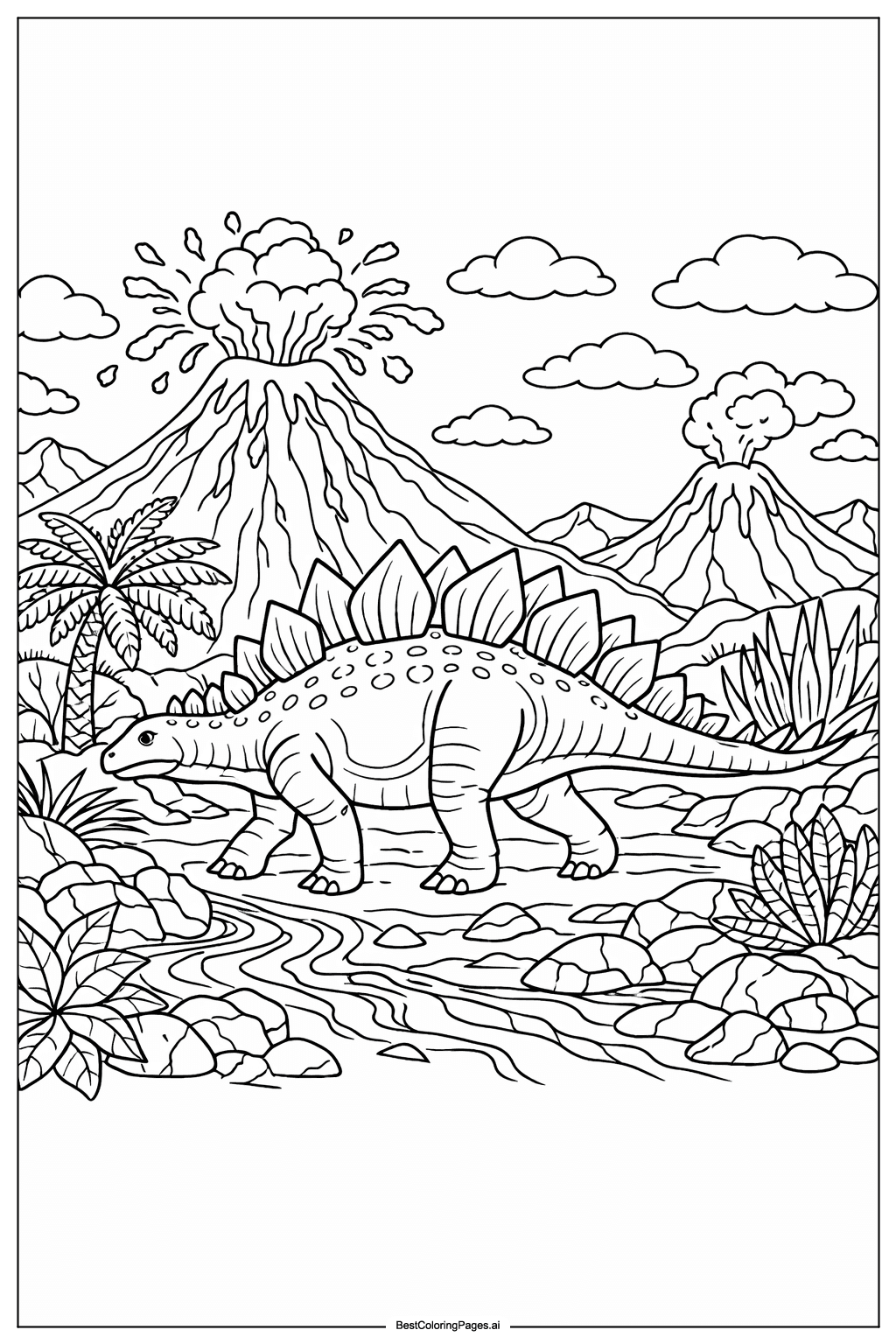 Stegosaurus in volcanic land Coloring Page