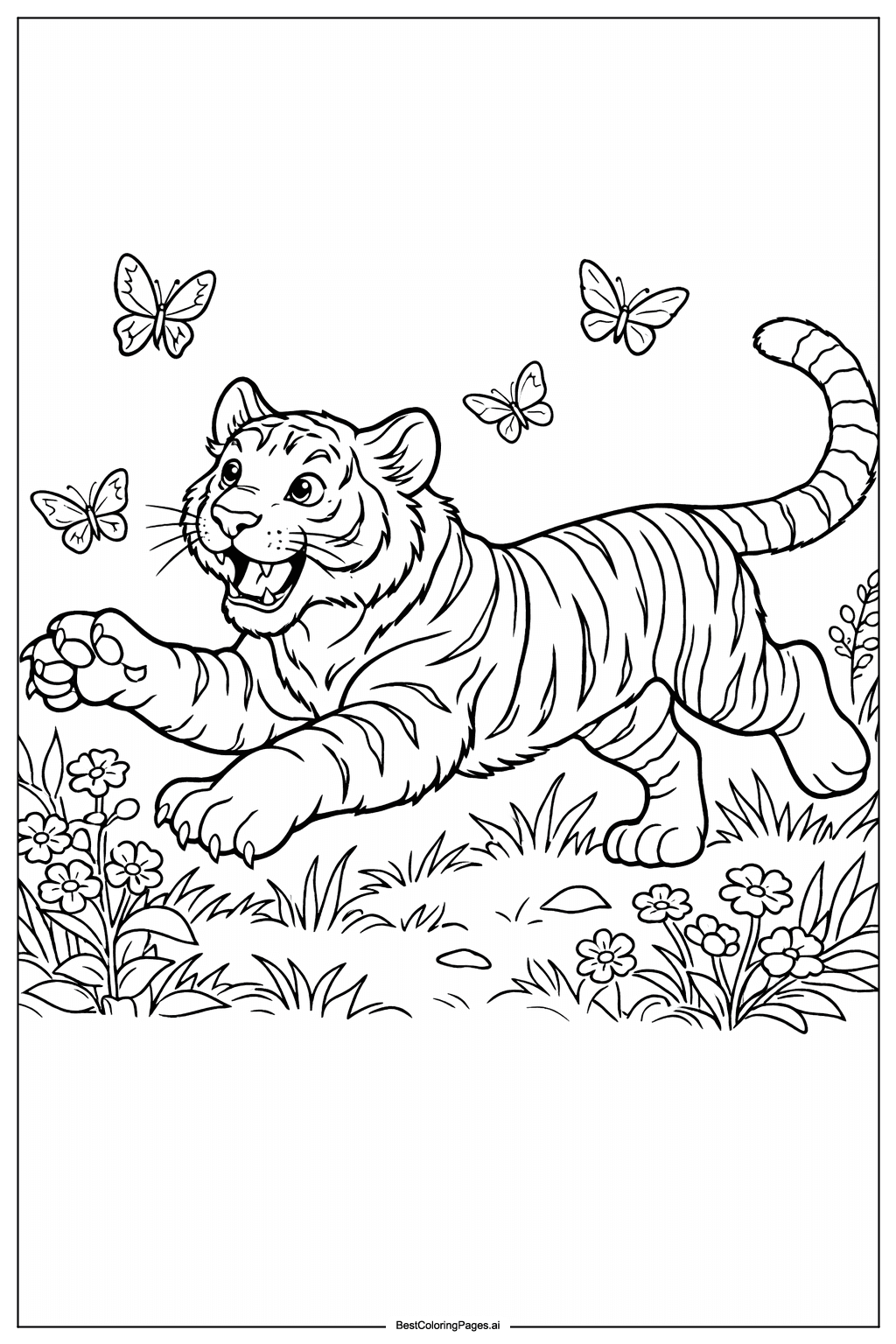 Tiger chasing butterflies Coloring Page